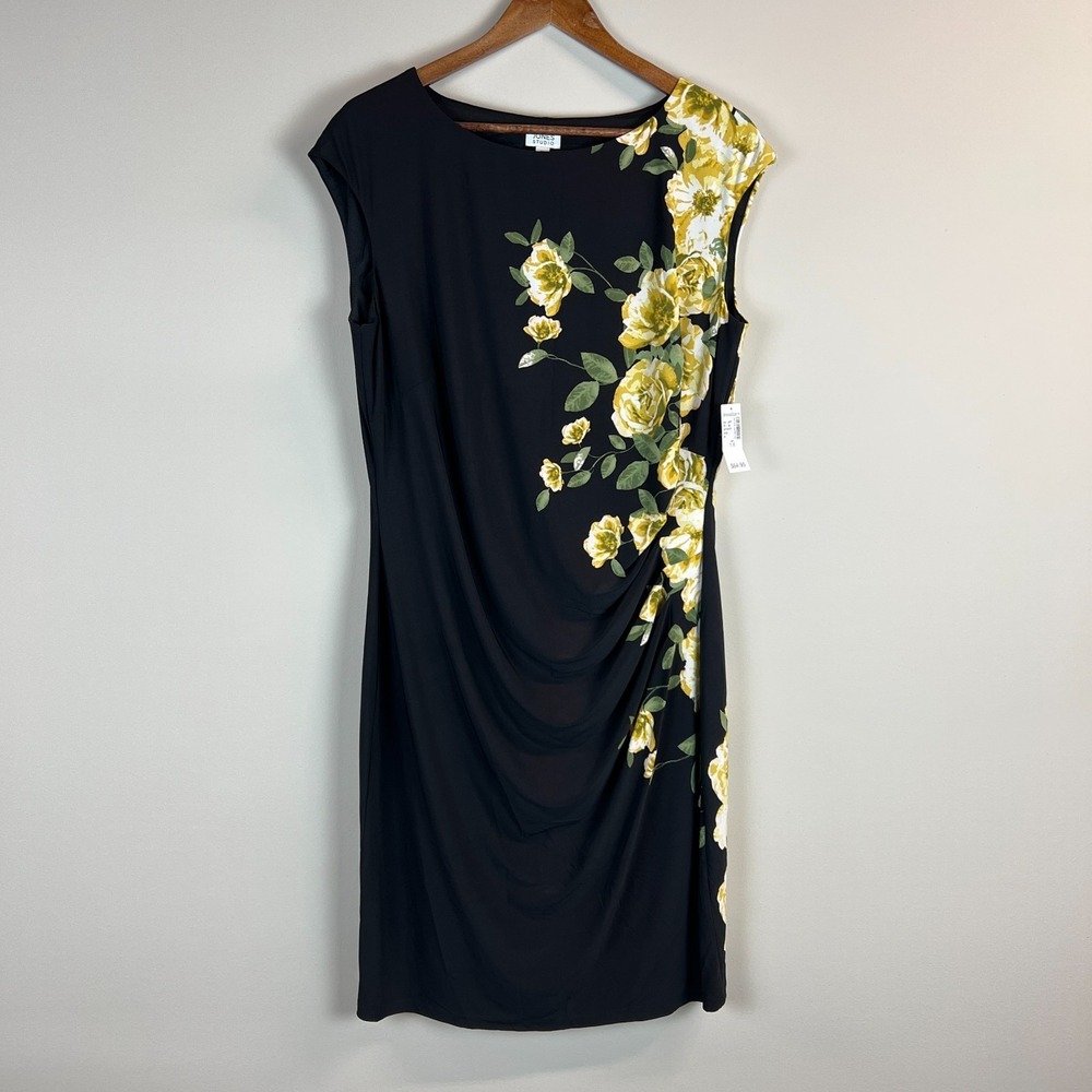 Jones Studio Dress Womens 1X Black Yellow Floral Draped Sheath Knee Length New